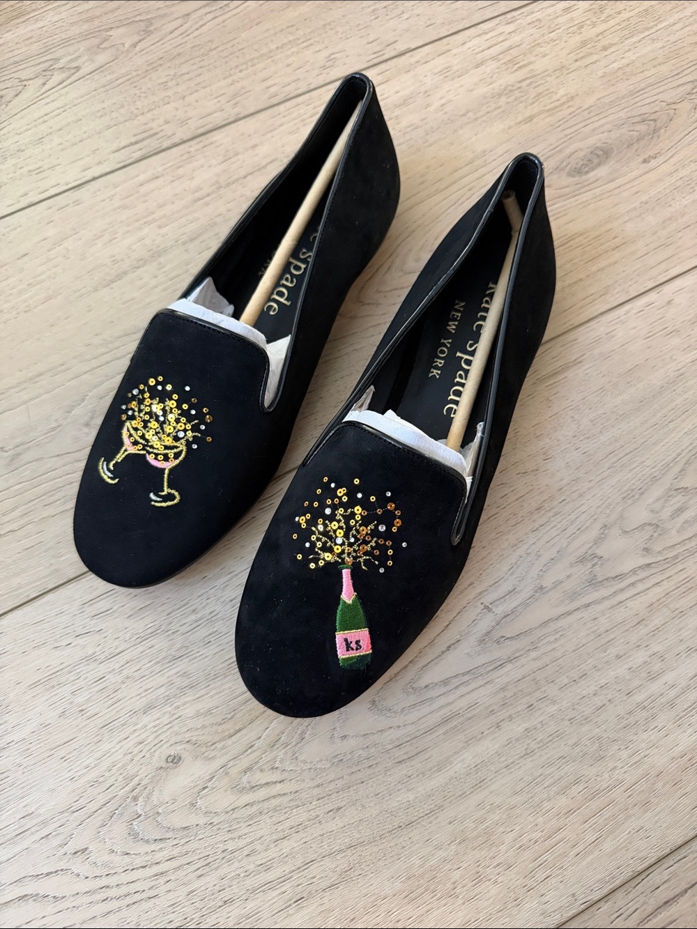 kate spade Black Suede Embroidered Champagne Loafers